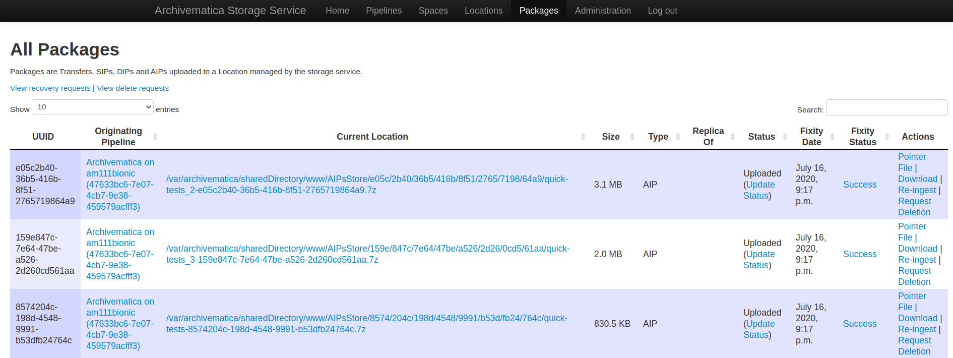 The Fixity Date and Fixity Status columns are displayed in the